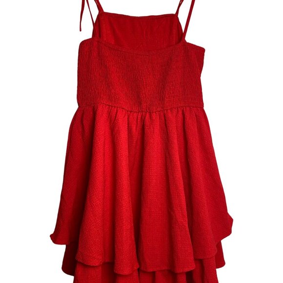 💚 Red Tiered Smocked Strappy Summer Mini Dress with Ruffles and Textured Fabric - Picture 7 of 7